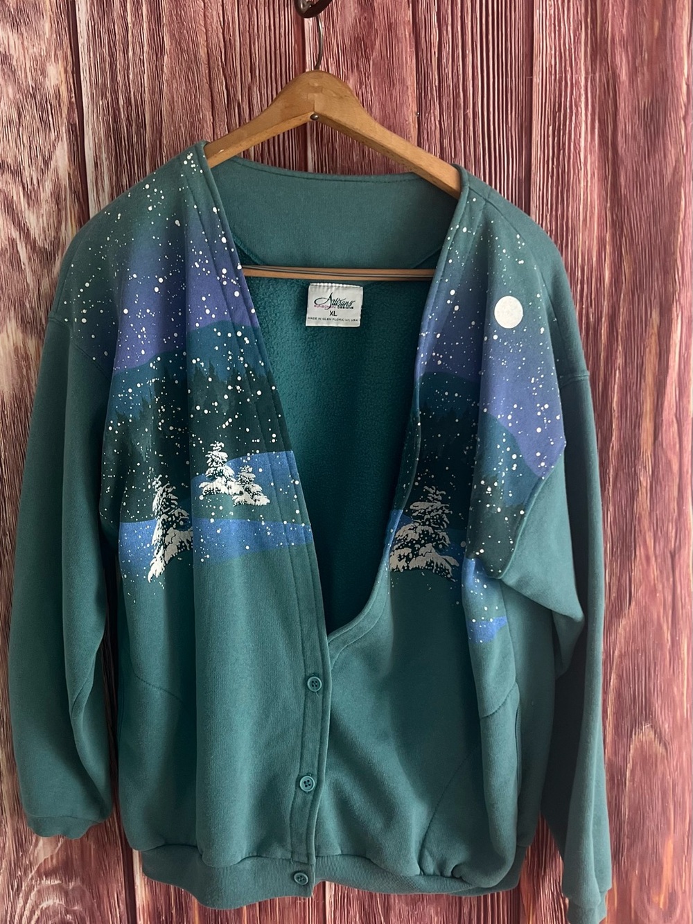 Vintage Artisans Designs Forest Night Green Button Cardigan made in the USA